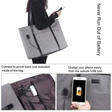 Laptop Tote Purse Large, Business Women Work Bag Professional Computer Purse Teacher Tote Bag with Zipper and Pockets Fits 15.6 Inch Laptop Gray