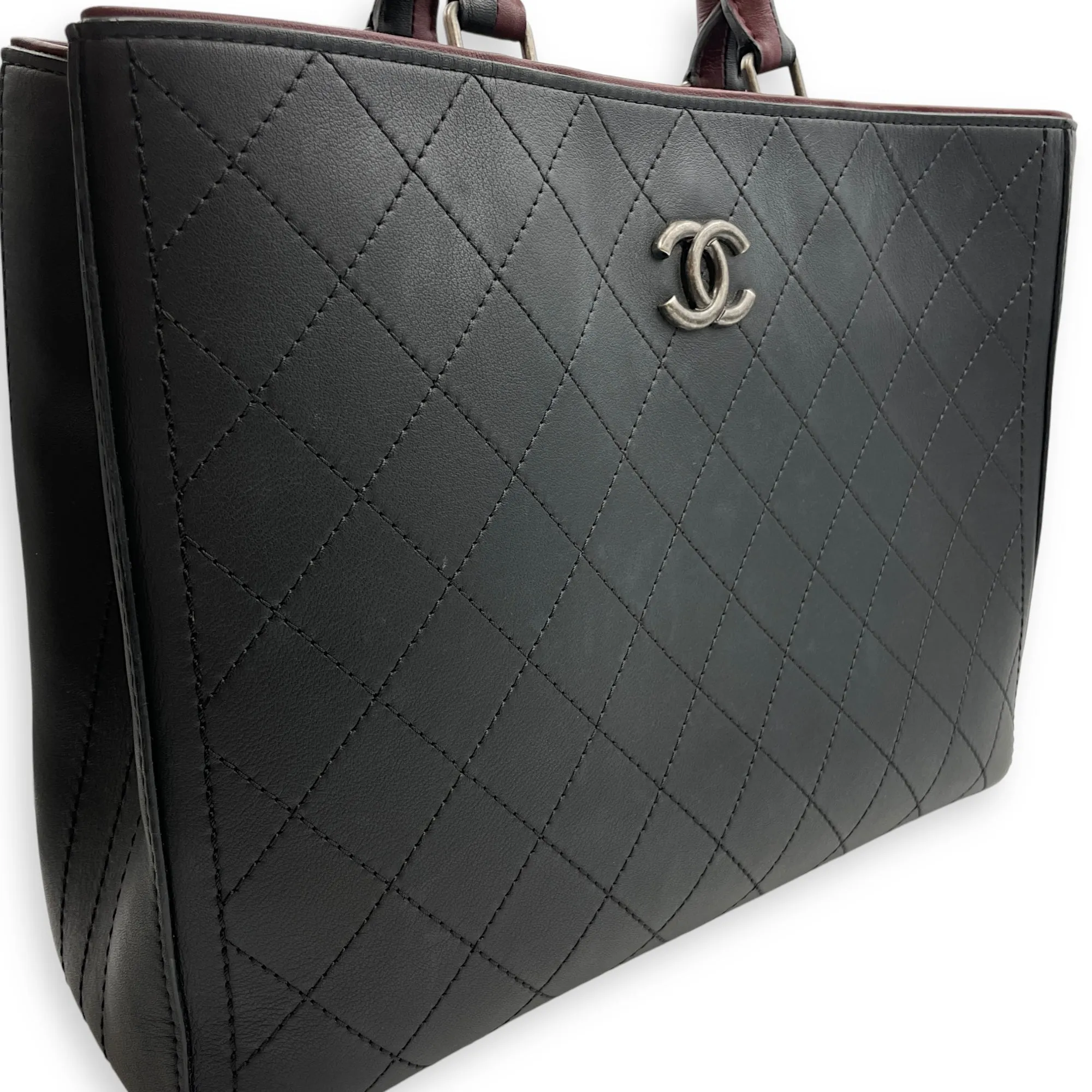 Large Black Tote Bag in Calfskin, Ruthenium hardware