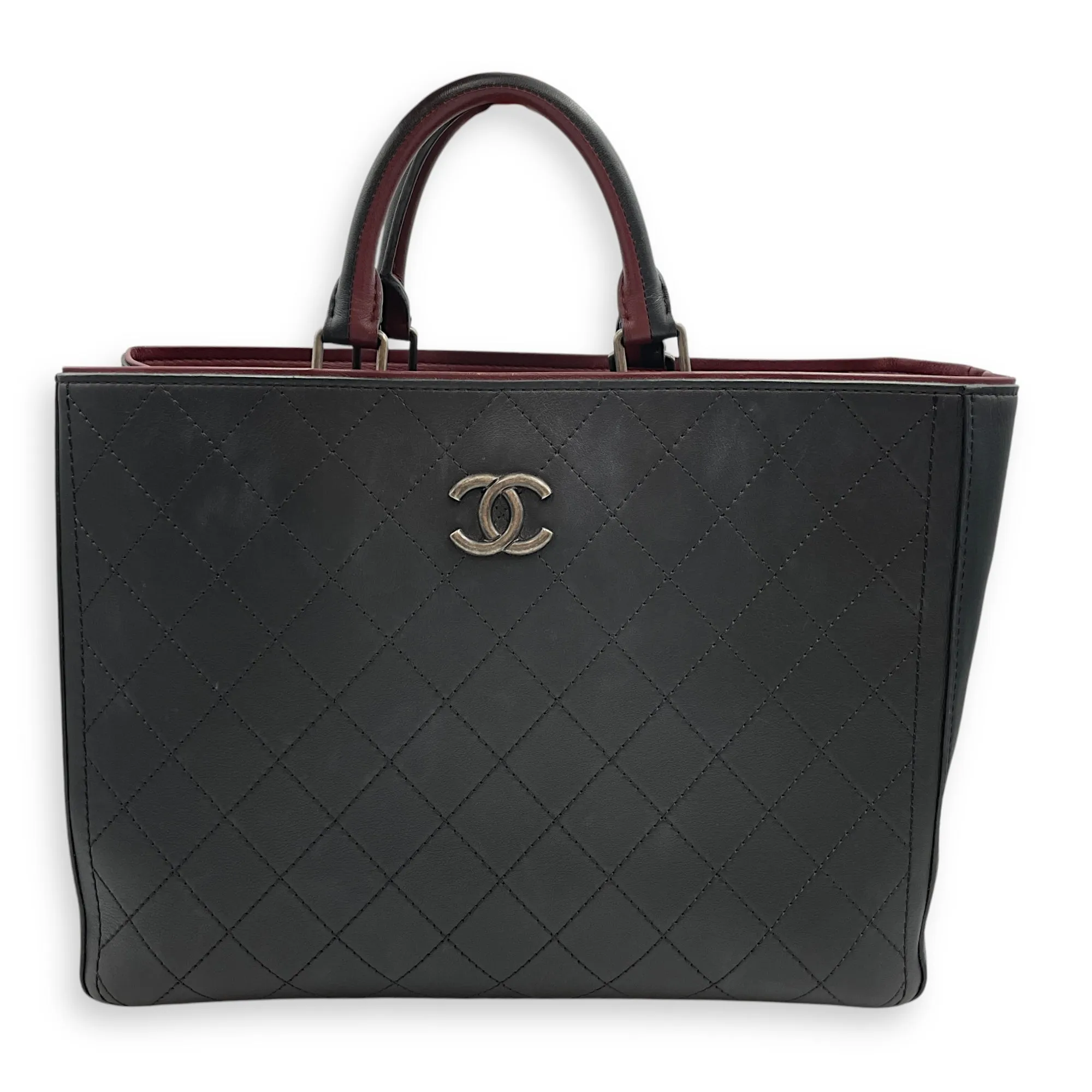 Large Black Tote Bag in Calfskin, Ruthenium hardware