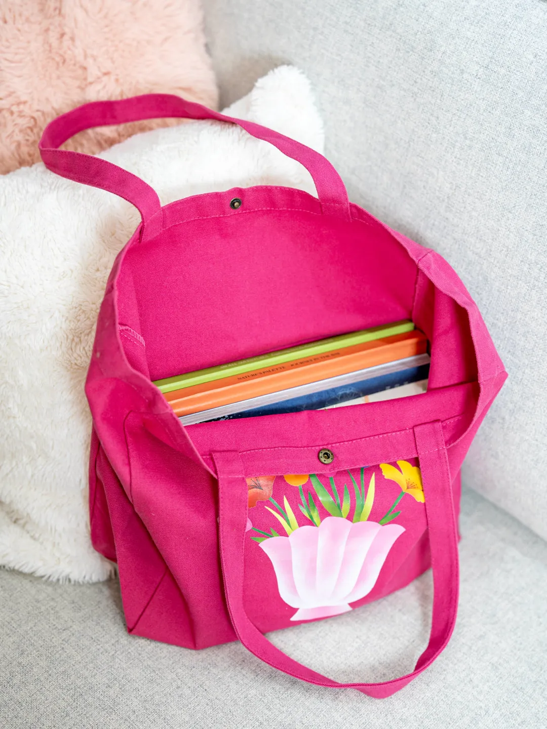 Large Floral Canvas Tote Bag - Pink