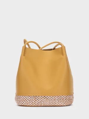 Leather Bucket Shoulder Bag Straw Braided Basket Bag Open-top Tote Bag