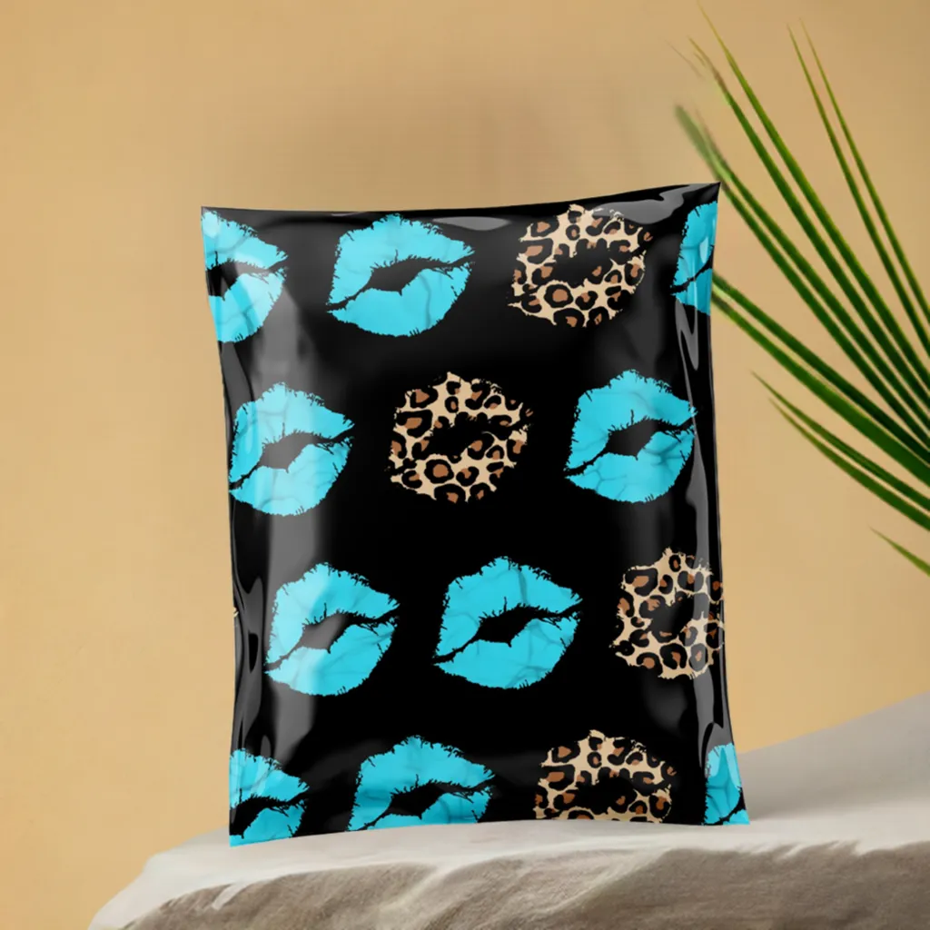 Leopard turquoise lips 10x13 premium poly mailers