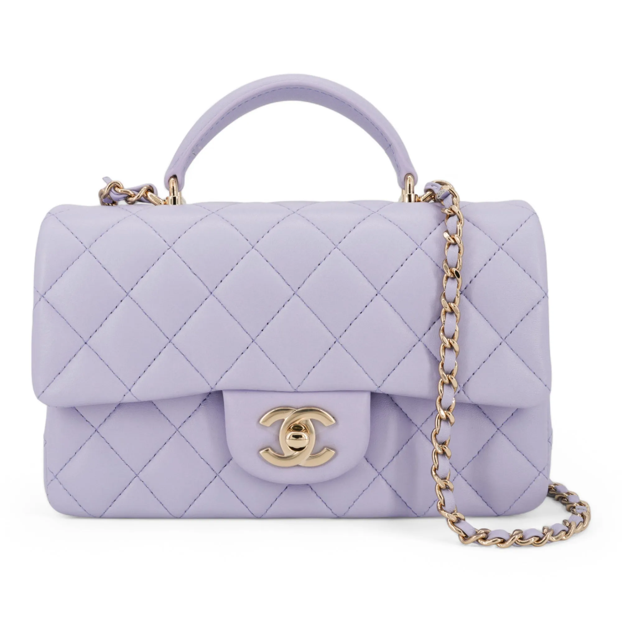 Lilac Lambskin Quilted Mini Top Handle Rectangular Flap