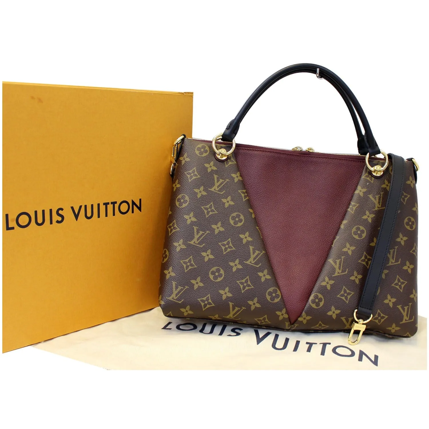 LOUIS VUITTON V MM Monogram Canvas Tote Shoulder Bag Bordeaux