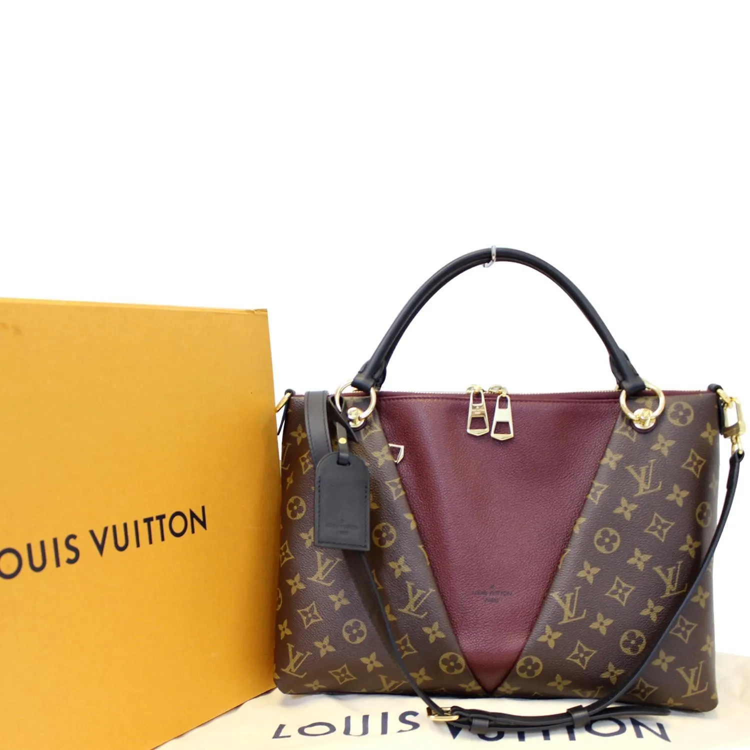 LOUIS VUITTON V MM Monogram Canvas Tote Shoulder Bag Bordeaux