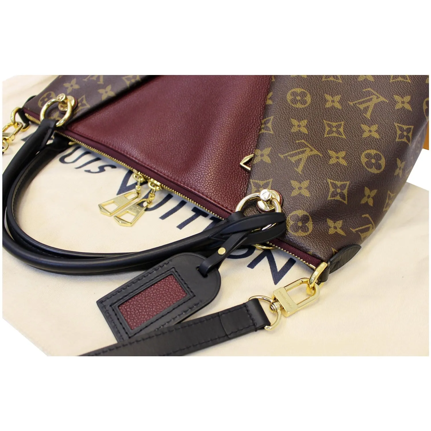 LOUIS VUITTON V MM Monogram Canvas Tote Shoulder Bag Bordeaux