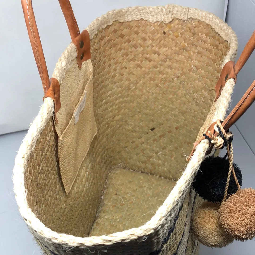 MAR Y SOL Handmade Beach bag with Black Beige and Tan Pom Pom