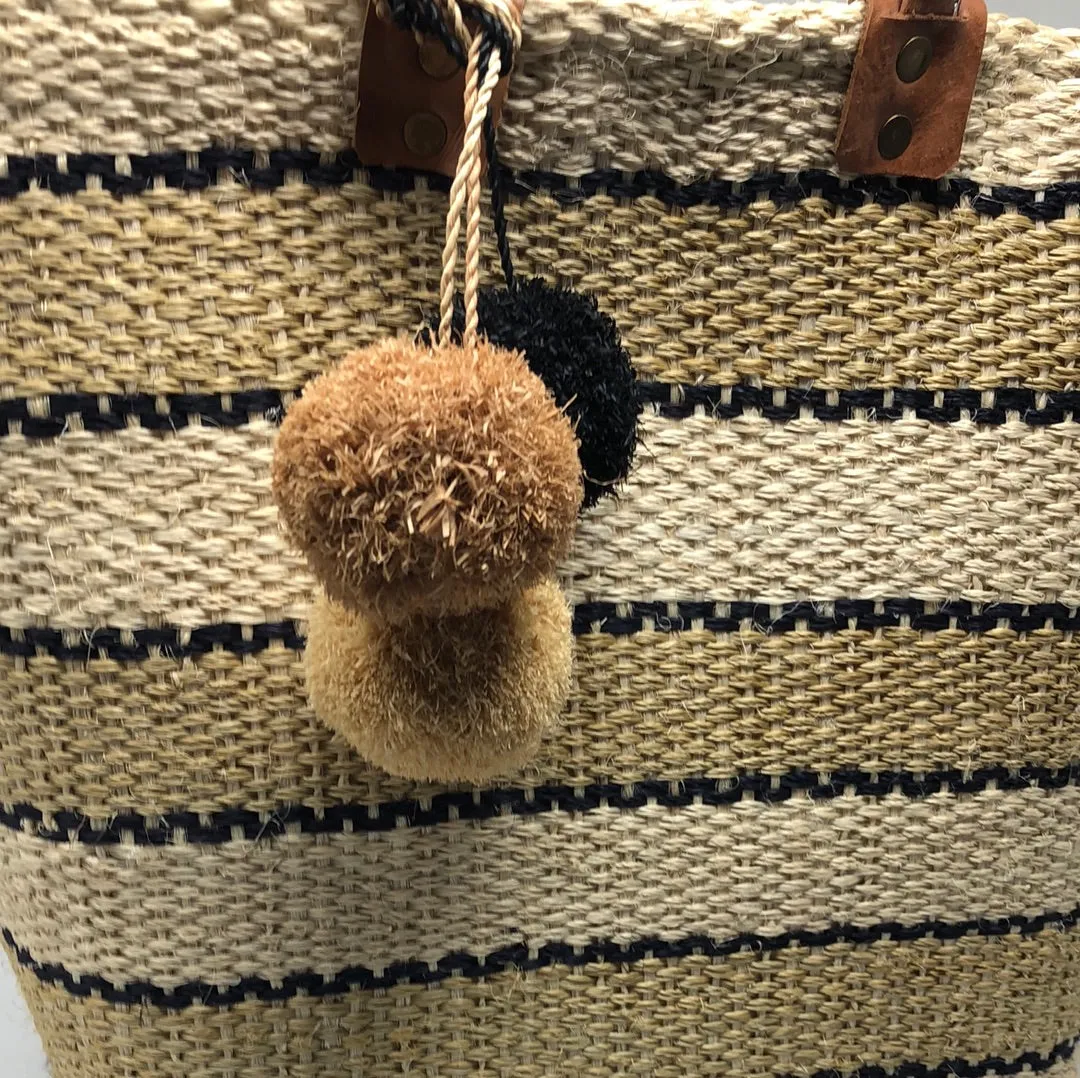 MAR Y SOL Handmade Beach bag with Black Beige and Tan Pom Pom