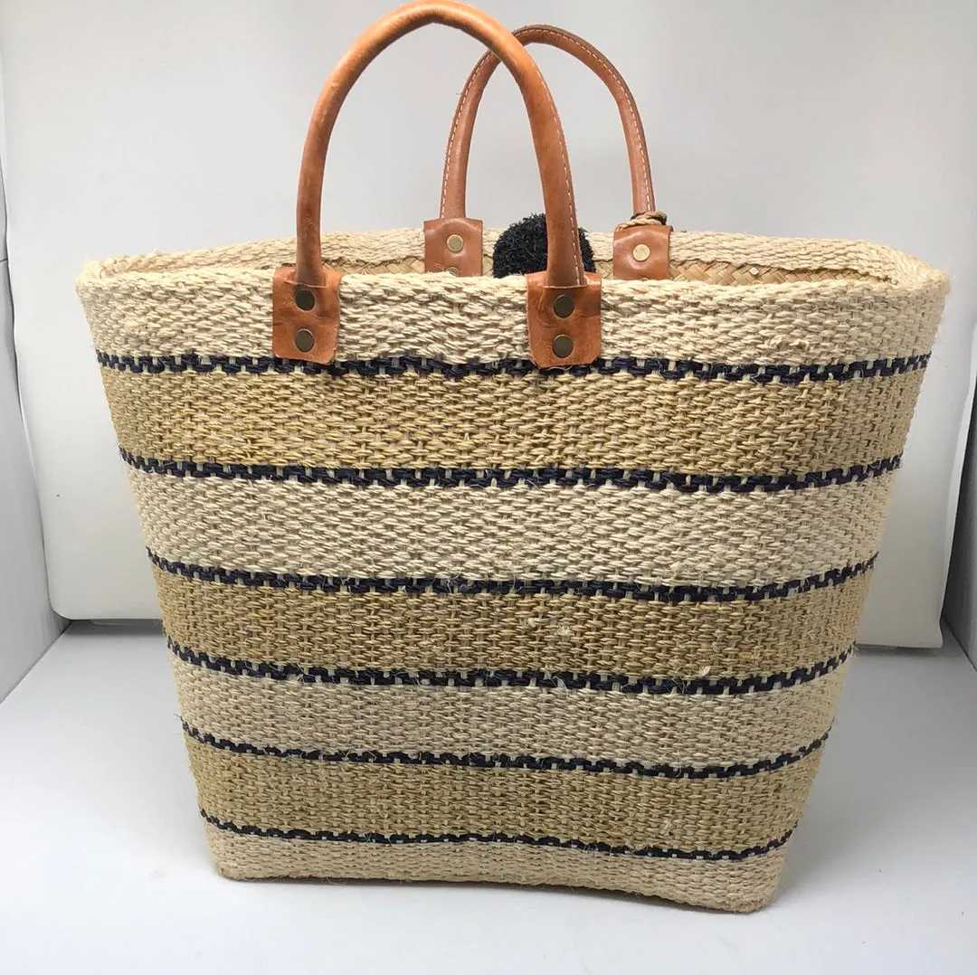 MAR Y SOL Handmade Beach bag with Black Beige and Tan Pom Pom