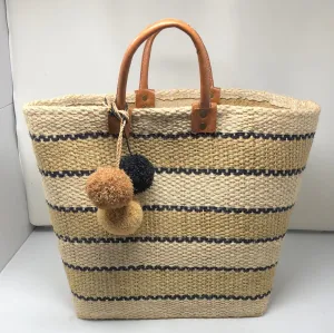 MAR Y SOL Handmade Beach bag with Black Beige and Tan Pom Pom