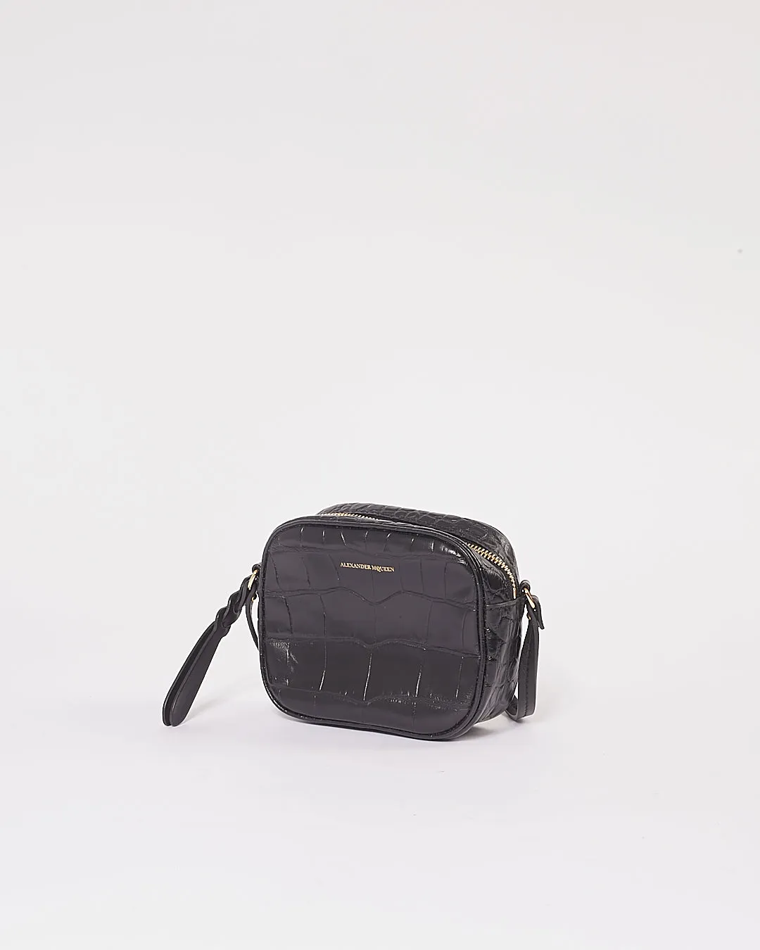 McQueen Black Croc Embossed Leather Crossbody Bag