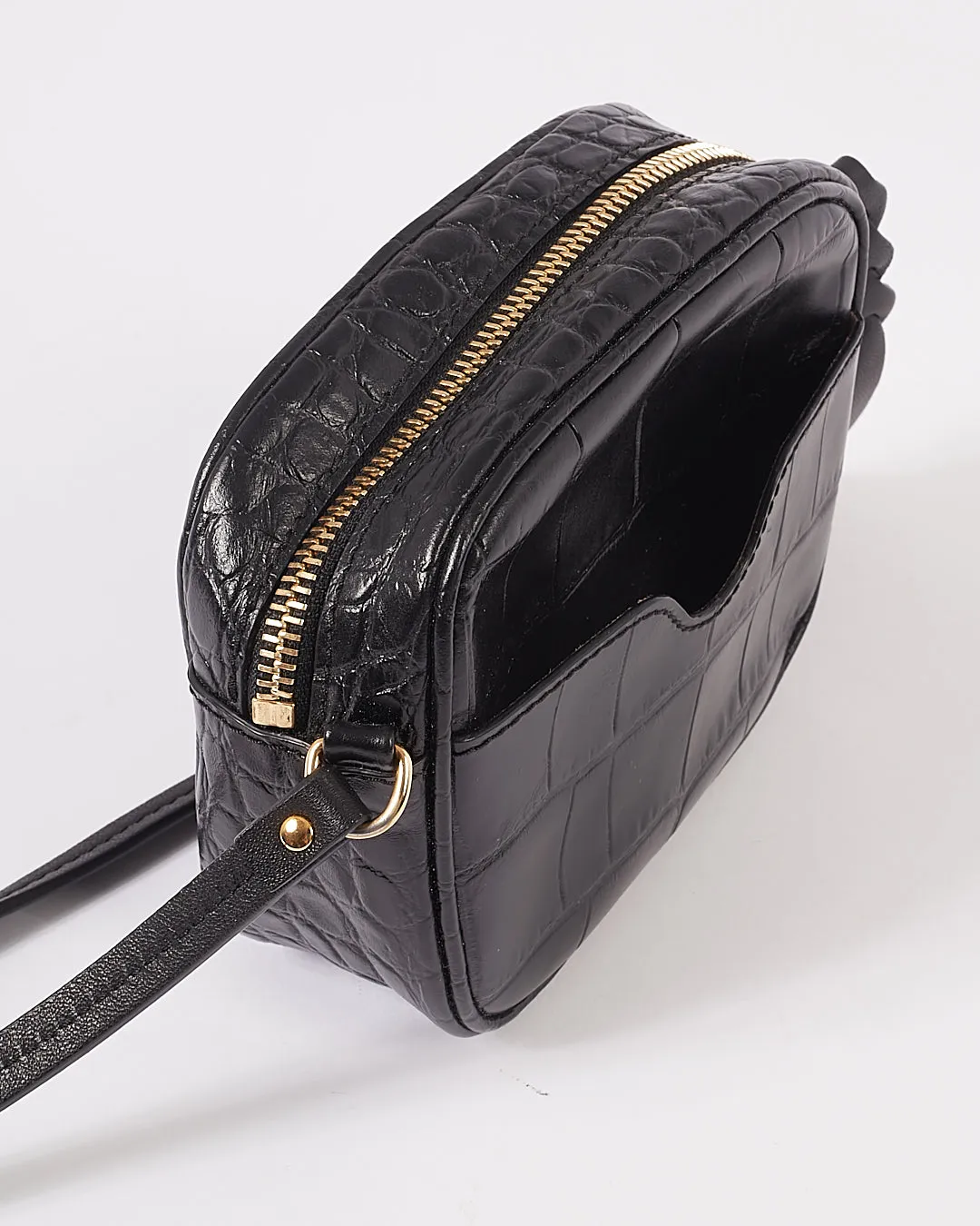 McQueen Black Croc Embossed Leather Crossbody Bag