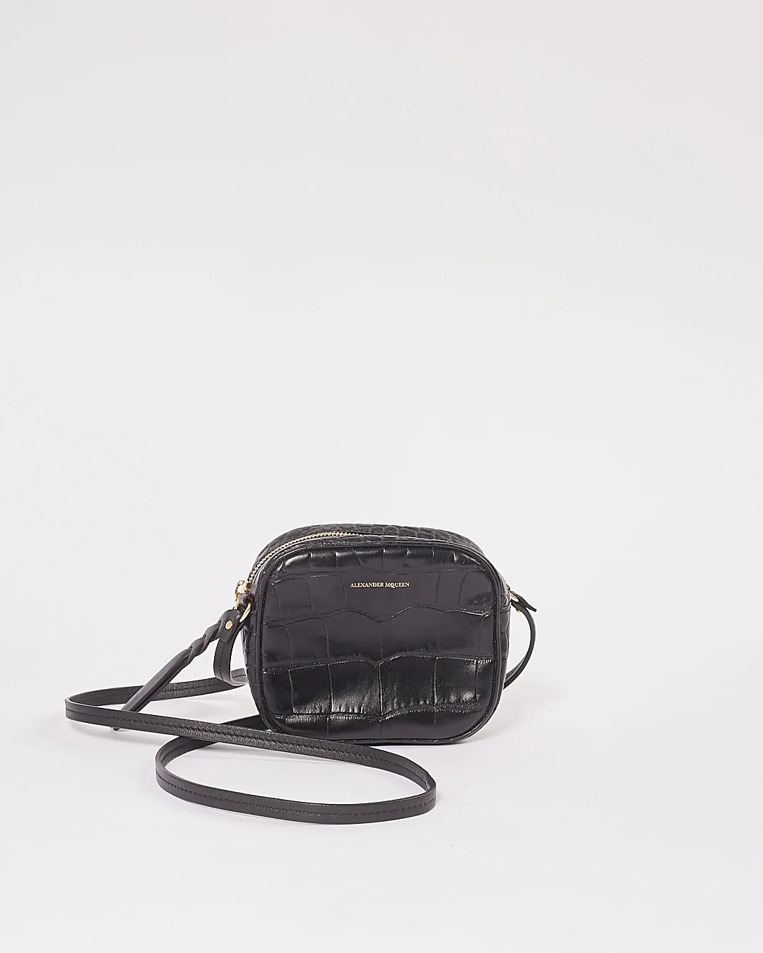 McQueen Black Croc Embossed Leather Crossbody Bag