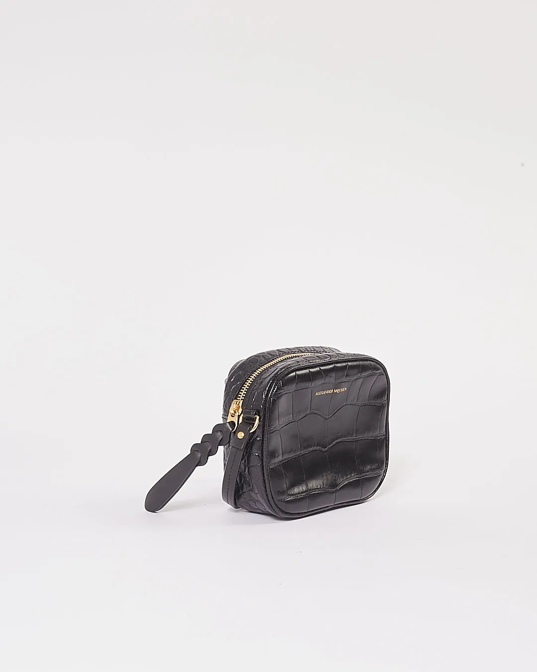 McQueen Black Croc Embossed Leather Crossbody Bag