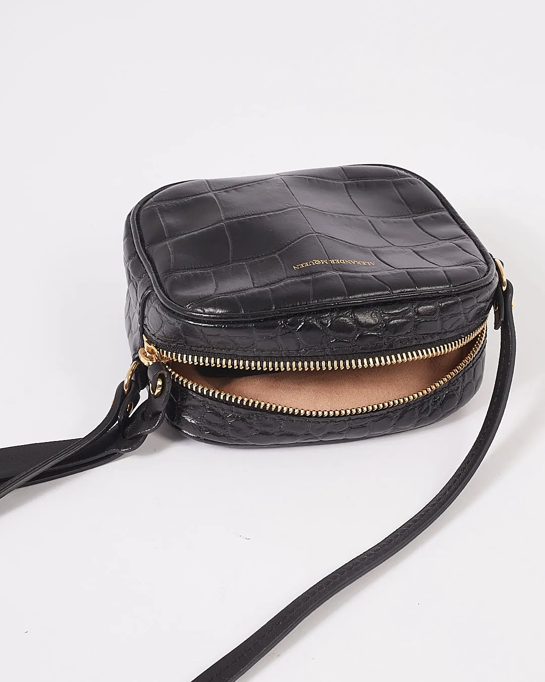 McQueen Black Croc Embossed Leather Crossbody Bag