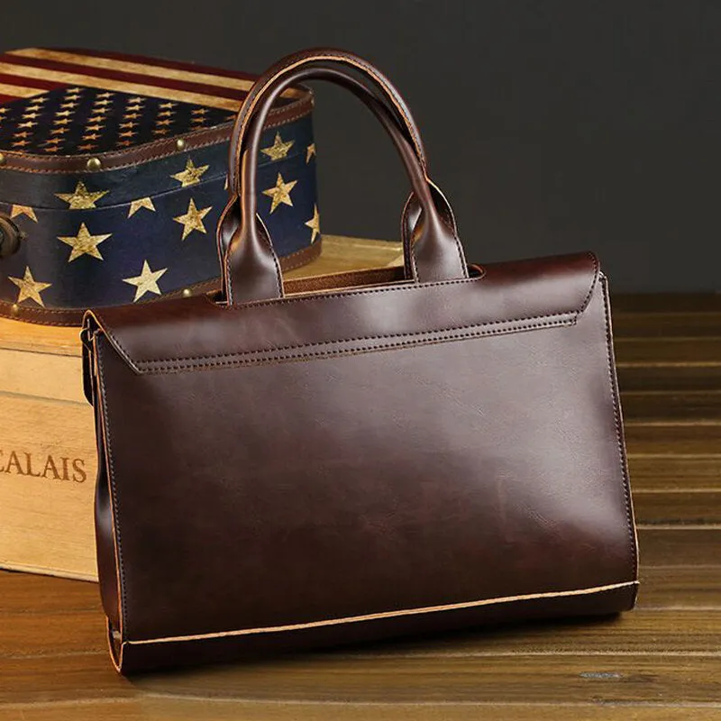Men Retro Multi-compartment Briefcase Flap-Over Large Capacity Soft PU Leather Messenger Bag Crossbody Bags Handbag Shoulder Bag