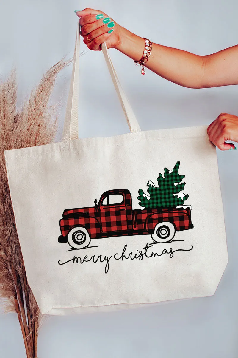 Merry Christmas Buffalo Plaid Truck Canvas Jumbo Tote