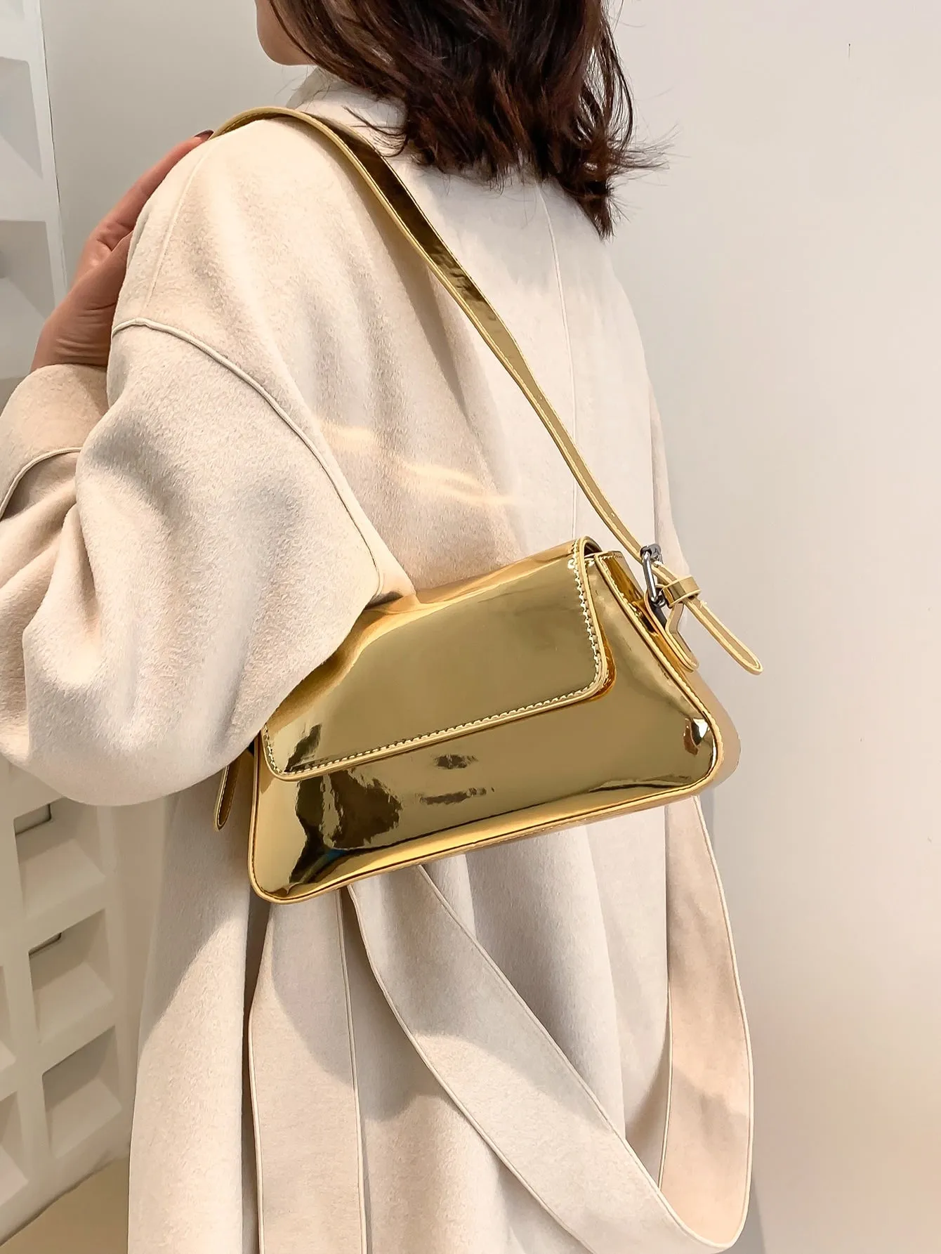 Metallic Flap Baguette Bag - Gold