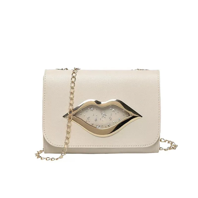 Mini Pu Leather Lip Metal Chain Square Shoulder Handbags