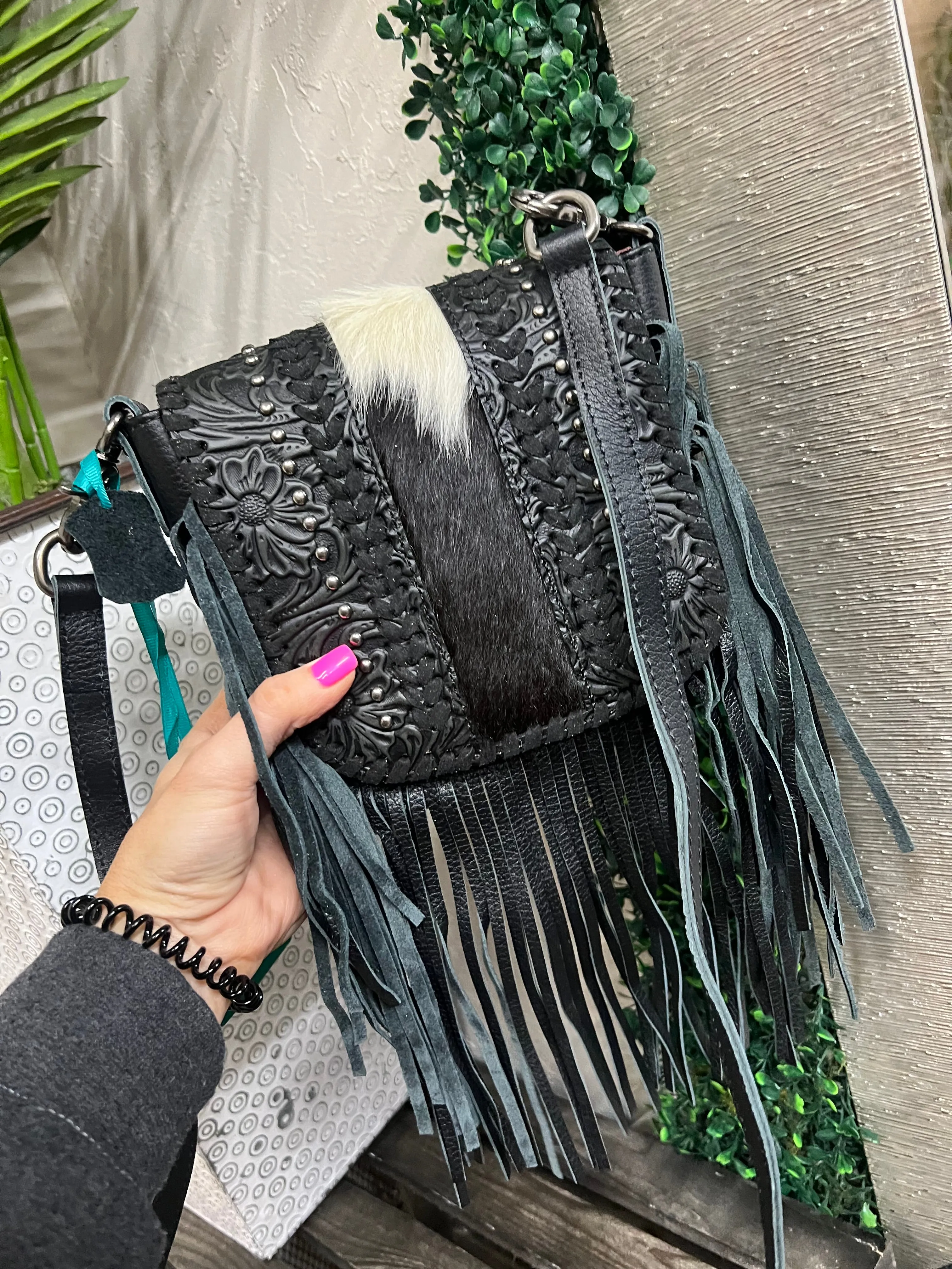 Montana West Tooled Leather Fringe Crossbody - Black HOH
