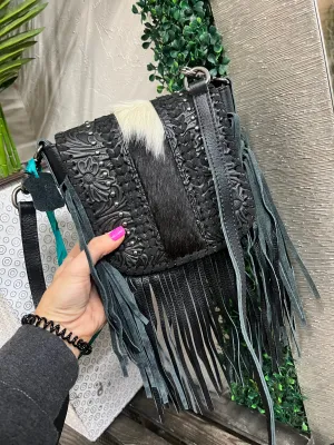Montana West Tooled Leather Fringe Crossbody - Black HOH