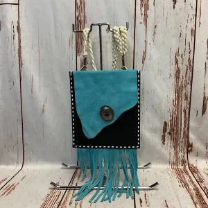 Mouse n' Ruby Original - Turquoise  & Black Leather & Suede with White Buckstitch & Fringe Handbag