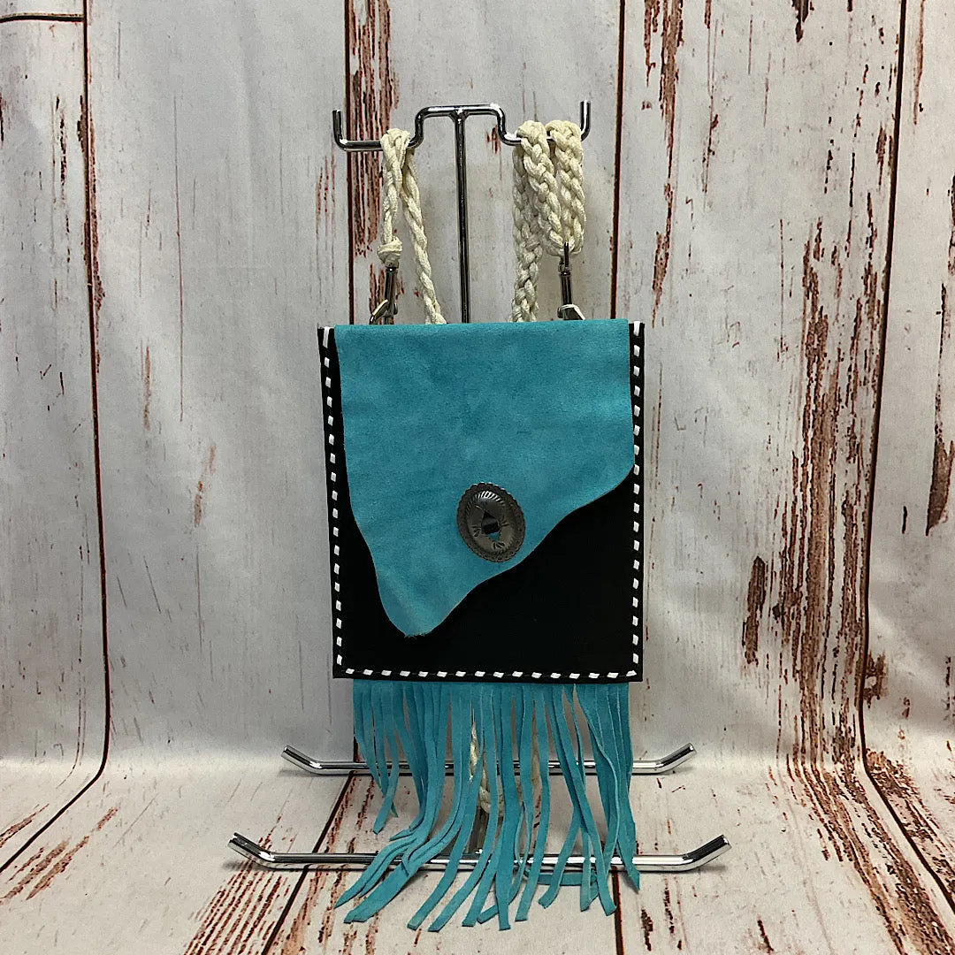 Mouse n' Ruby Original - Turquoise  & Black Leather & Suede with White Buckstitch & Fringe Handbag