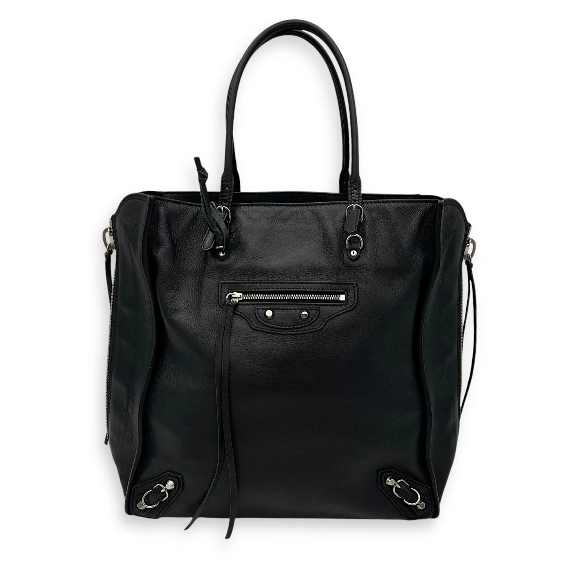 Papier Tote Bag Black in Calfskin, Silver hardware