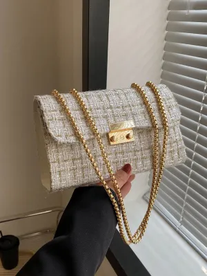 Plaid Pattern Flap Chain Square Bag - White