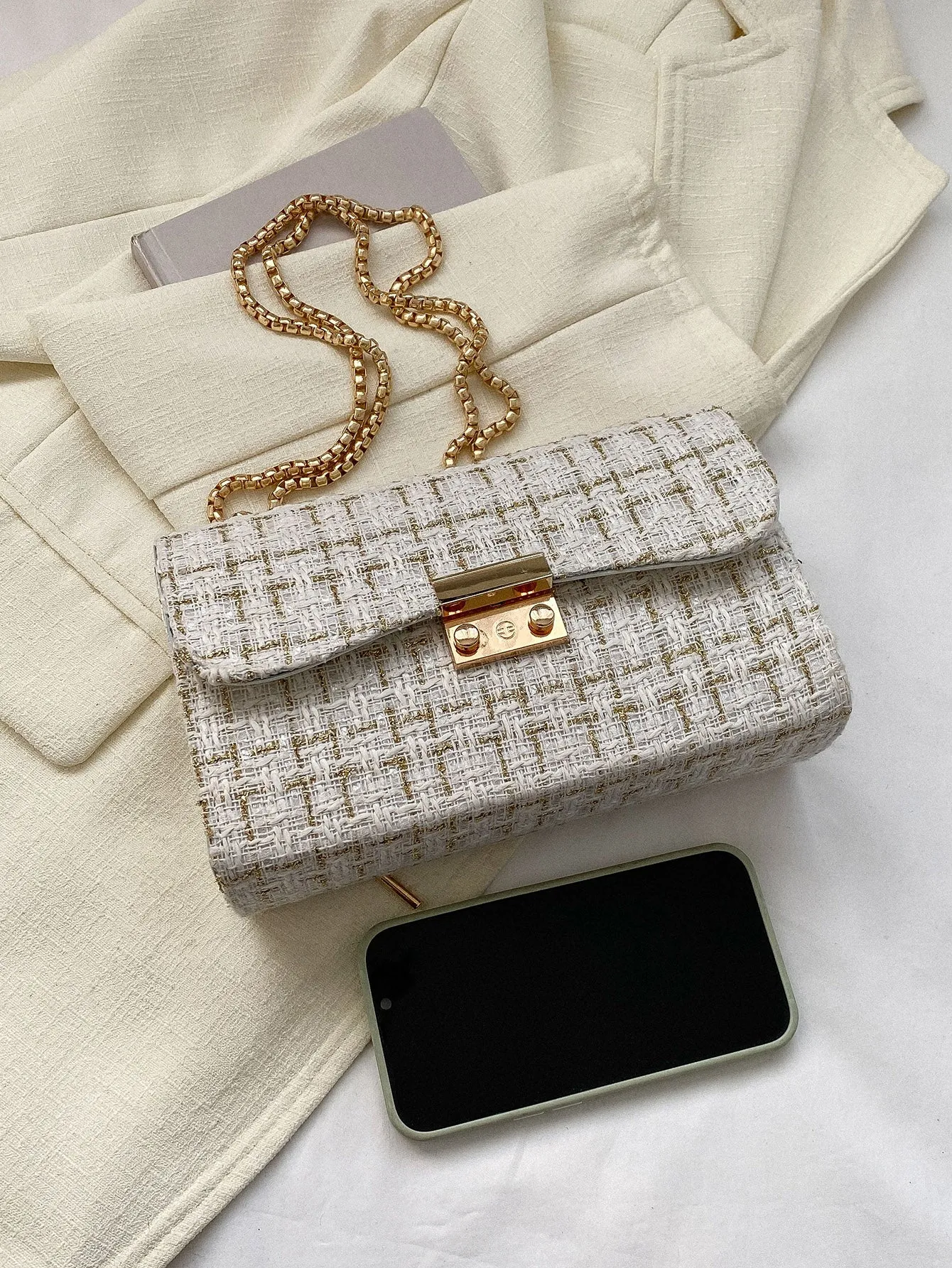 Plaid Pattern Flap Chain Square Bag - White
