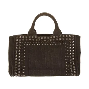 Prada Black Denim Studded Canapa Tote