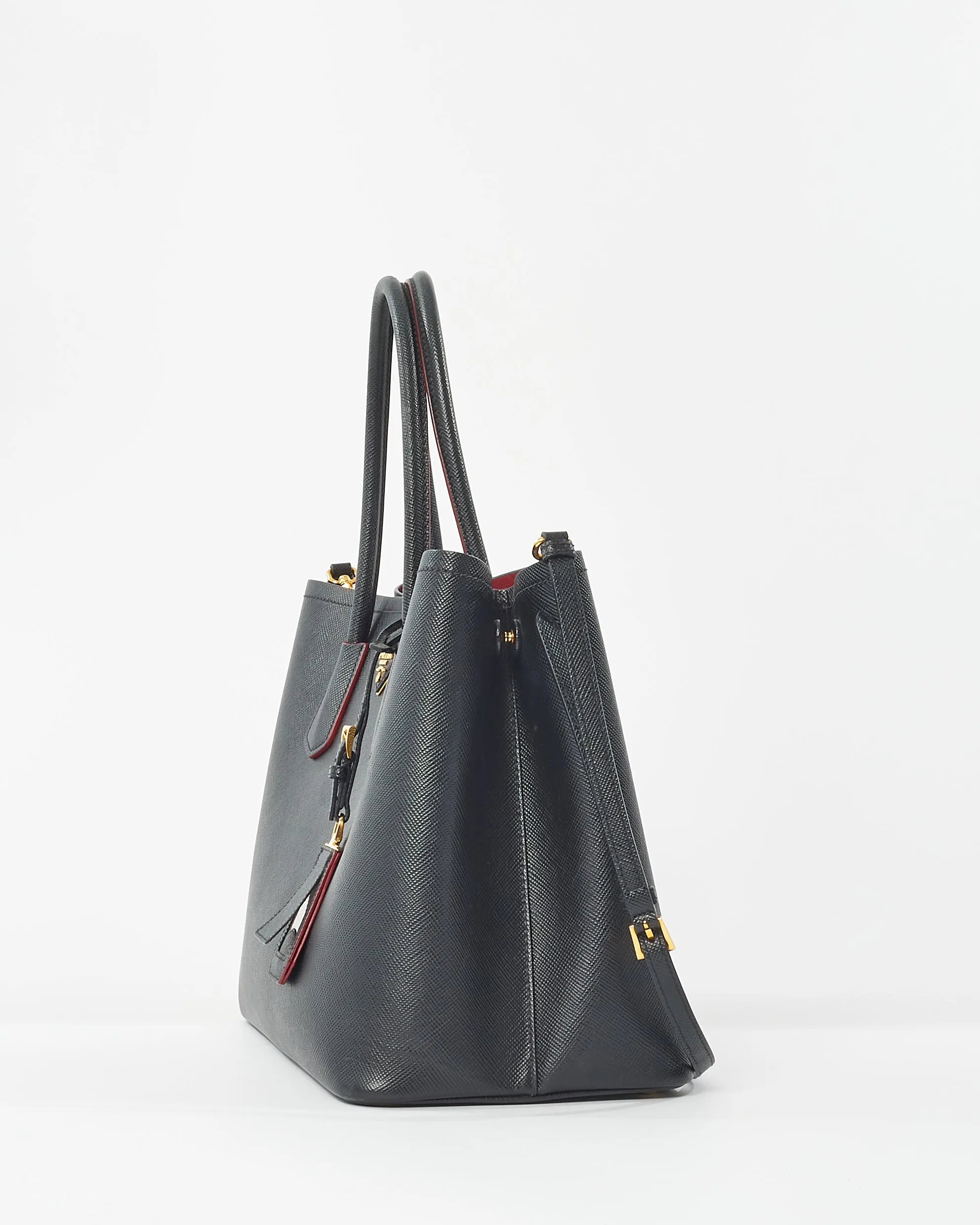 Prada Black Saffiano Leather With Red Interior Medium Double Tote