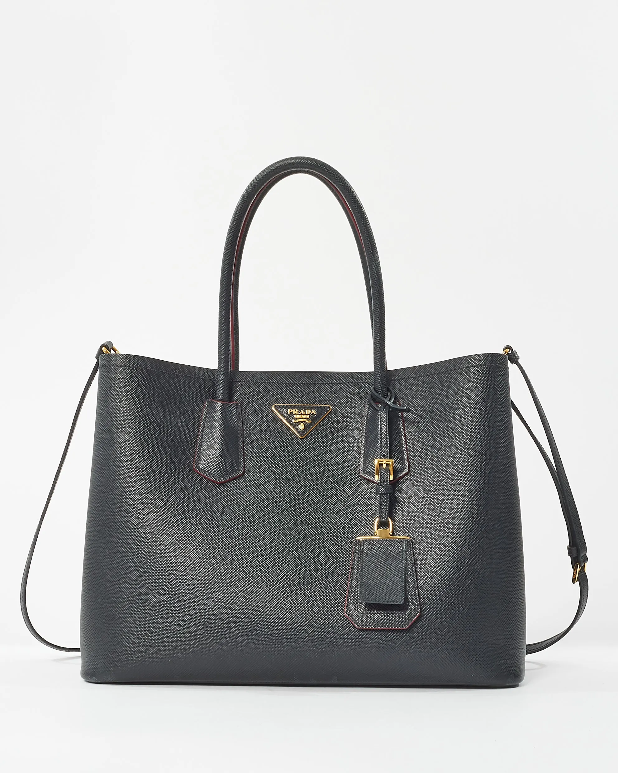 Prada Black Saffiano Leather With Red Interior Medium Double Tote