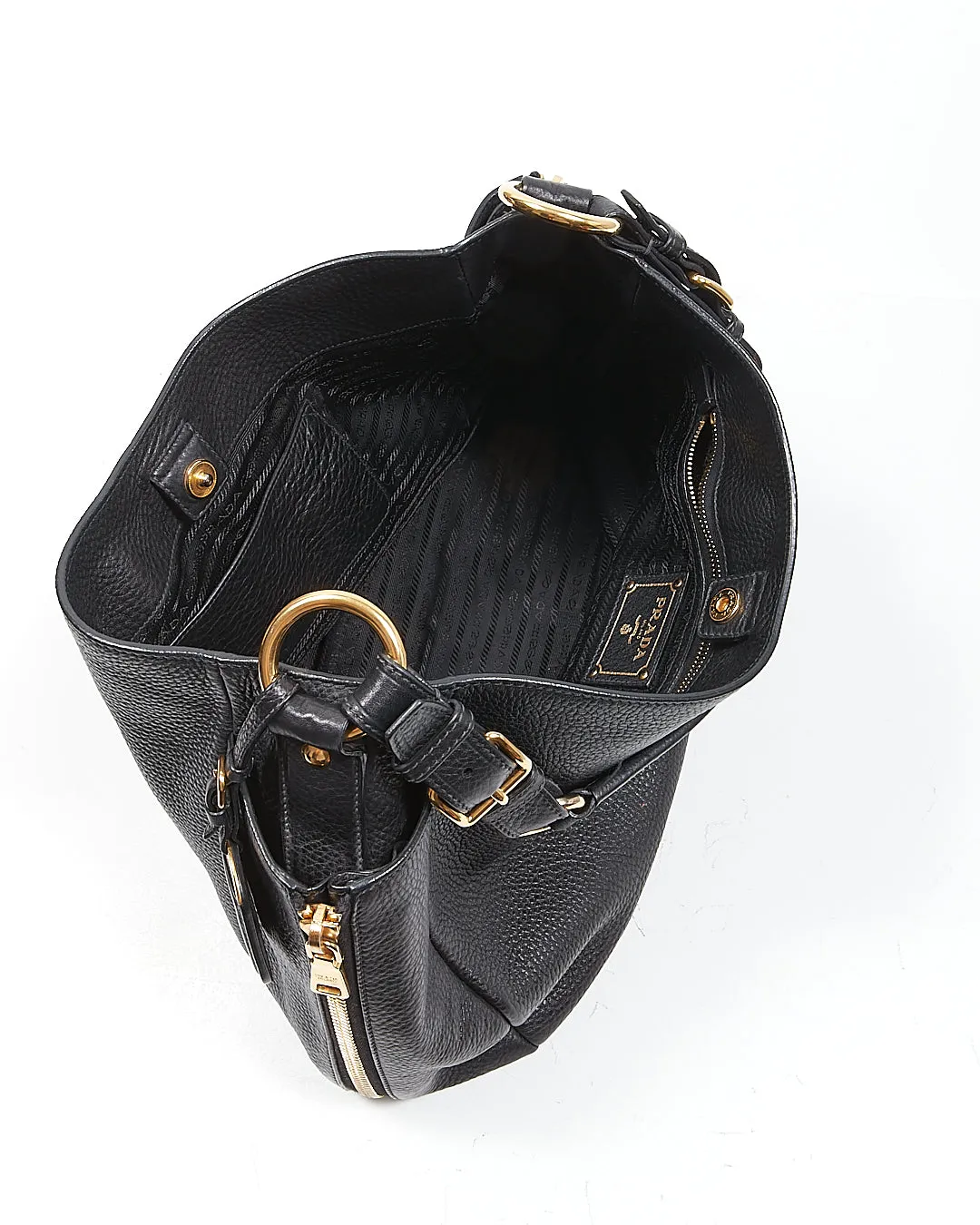 Prada Black Vitello Daino Leather Hobo Shoulder Bag