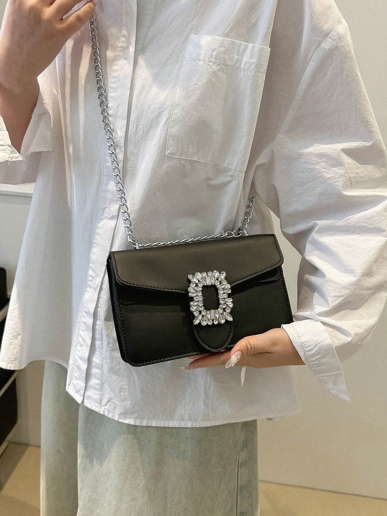 Rhinestone Decor Crossbody Bag - Black