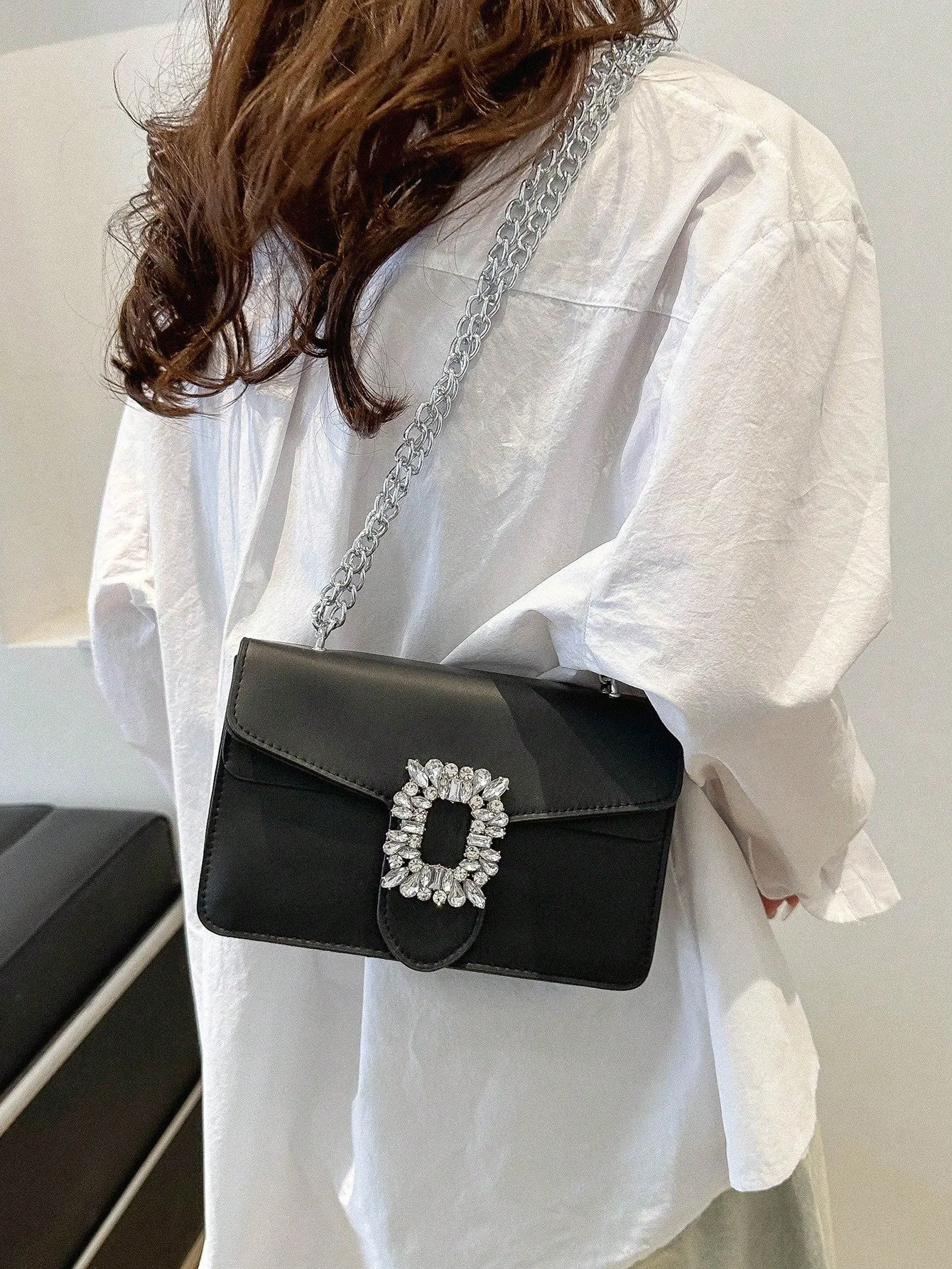 Rhinestone Decor Crossbody Bag - Black
