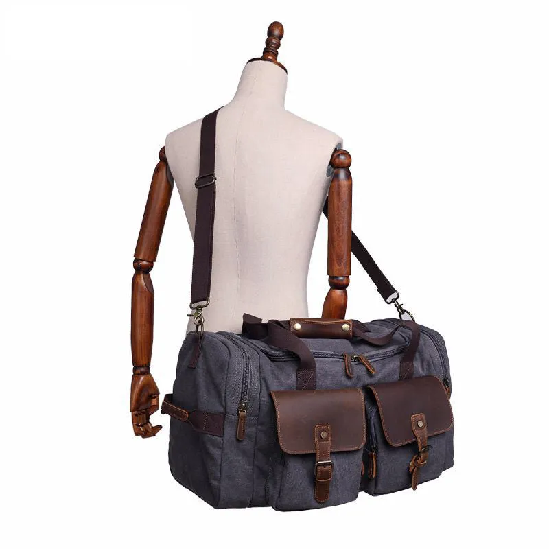 ROCKCOW Weekender Overnight Bag Canvas Genuine Leather Travel Duffel Tote AF14