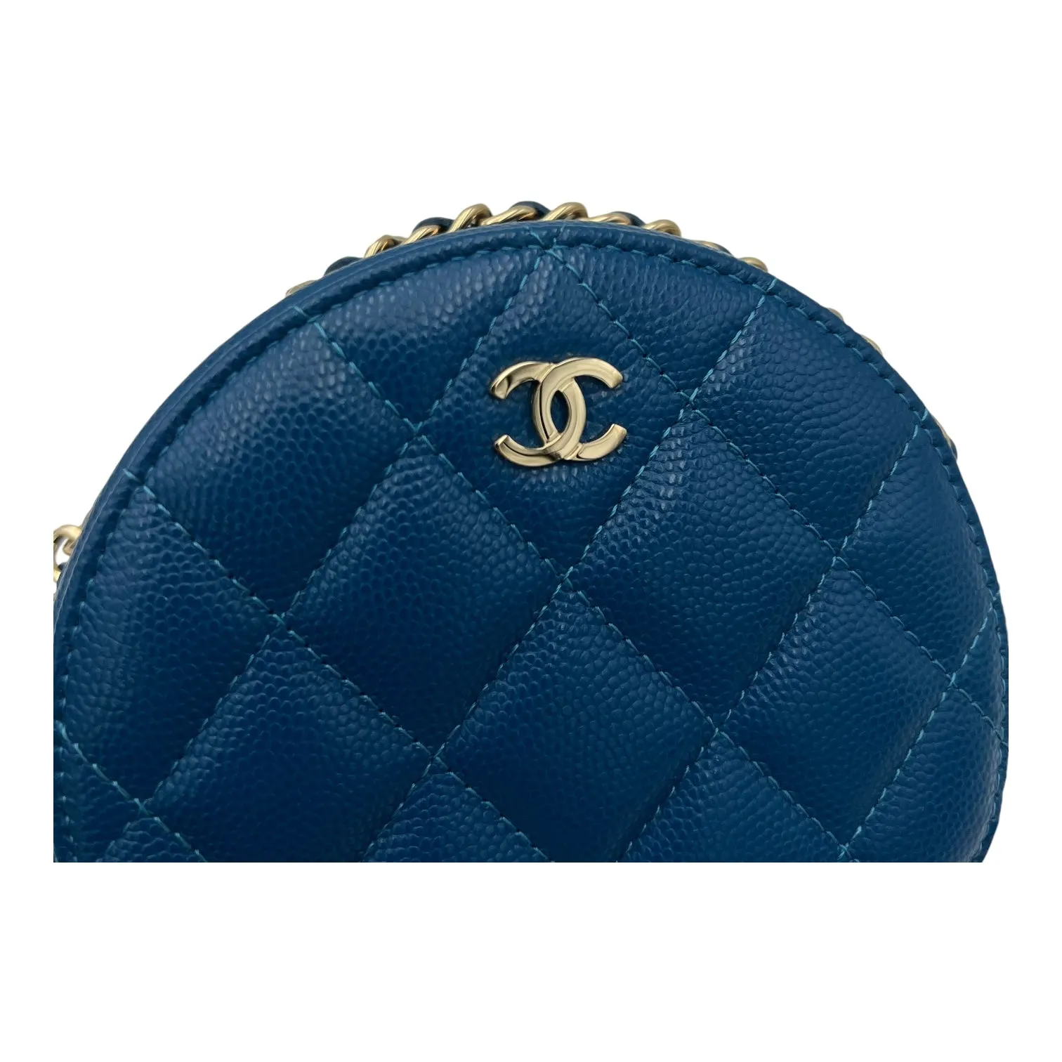 Round CC Crossbody Bag Blue in Caviar Leather, Gold hardware