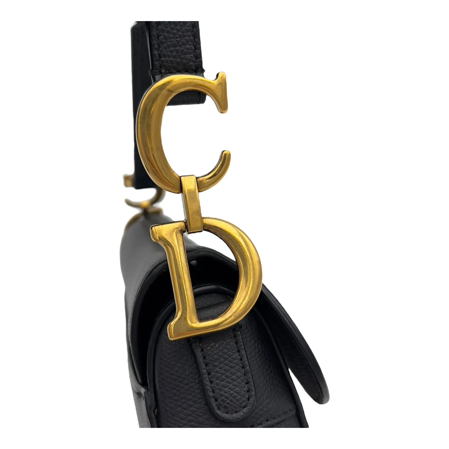 Saddle with Strap Mini Black Crossbody Bag in Calfskin, Brushed Gold hardware