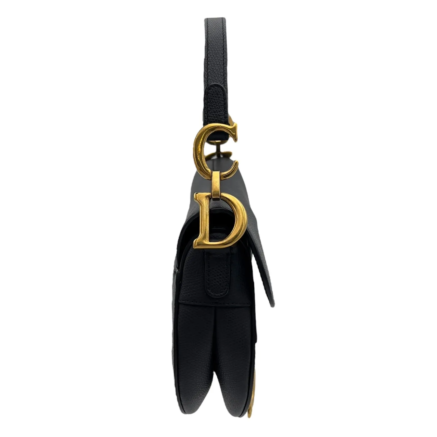 Saddle with Strap Mini Black Crossbody Bag in Calfskin, Brushed Gold hardware
