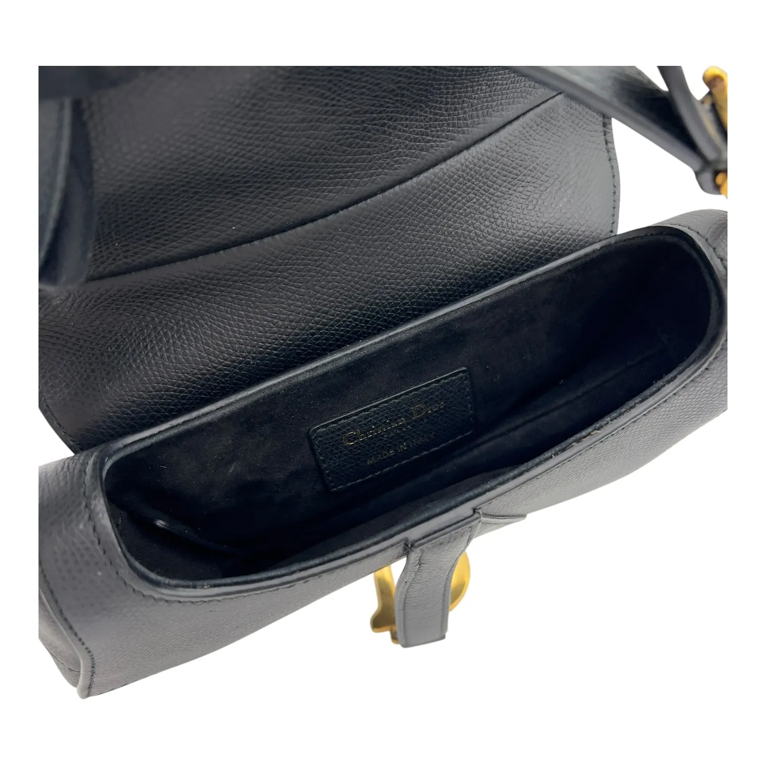 Saddle with Strap Mini Black Crossbody Bag in Calfskin, Brushed Gold hardware