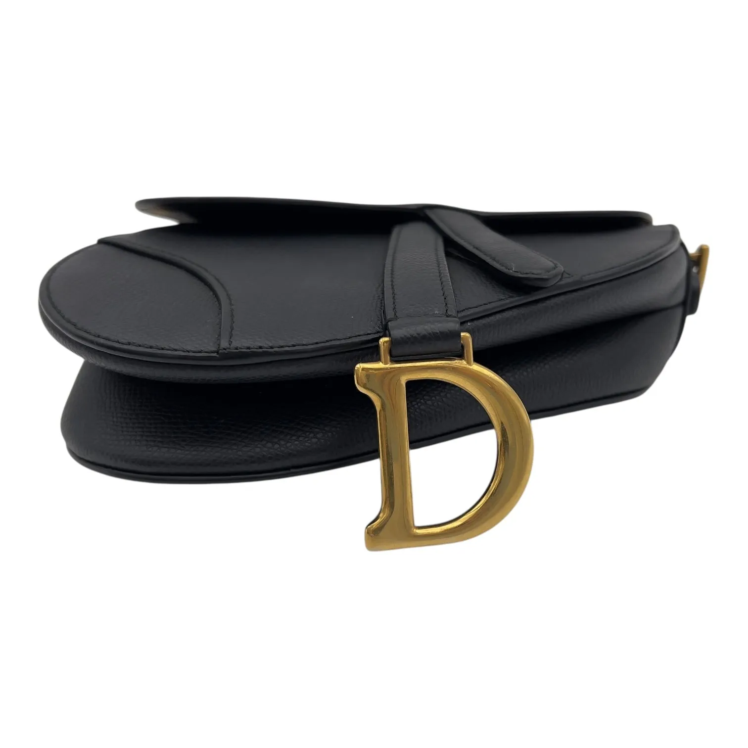 Saddle with Strap Mini Black Crossbody Bag in Calfskin, Brushed Gold hardware