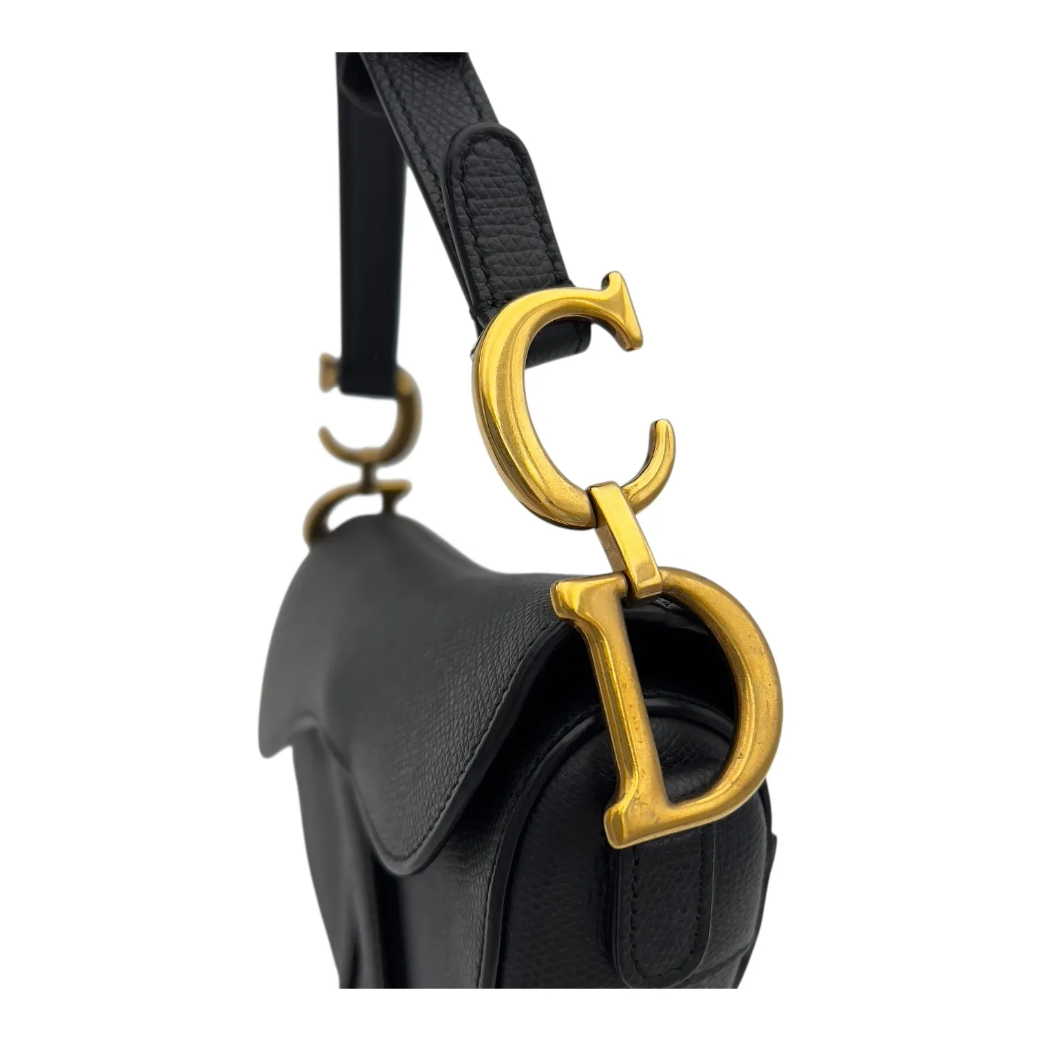 Saddle with Strap Mini Black Crossbody Bag in Calfskin, Brushed Gold hardware