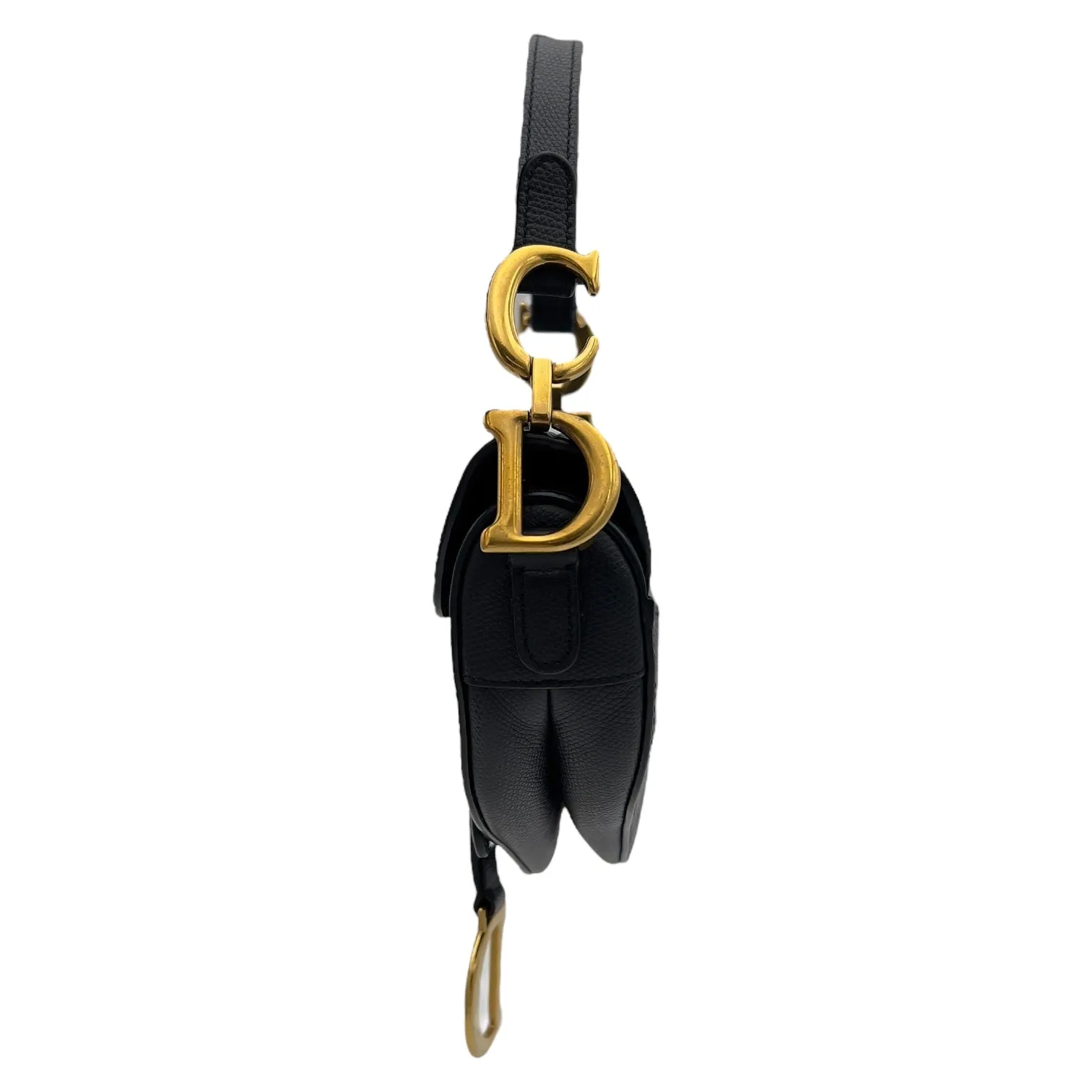 Saddle with Strap Mini Black Crossbody Bag in Calfskin, Brushed Gold hardware