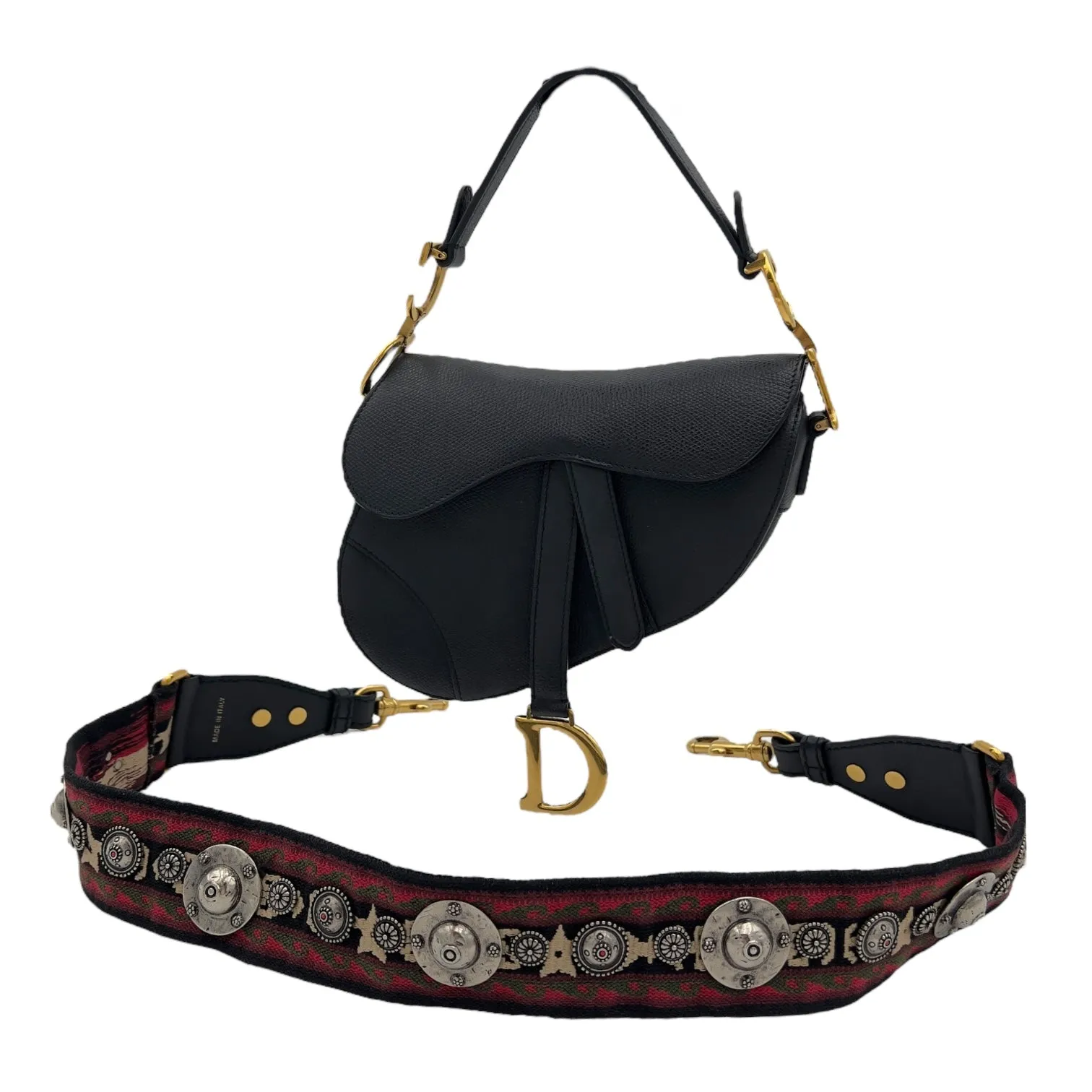 Saddle with Strap Mini Black Crossbody Bag in Calfskin, Brushed Gold hardware