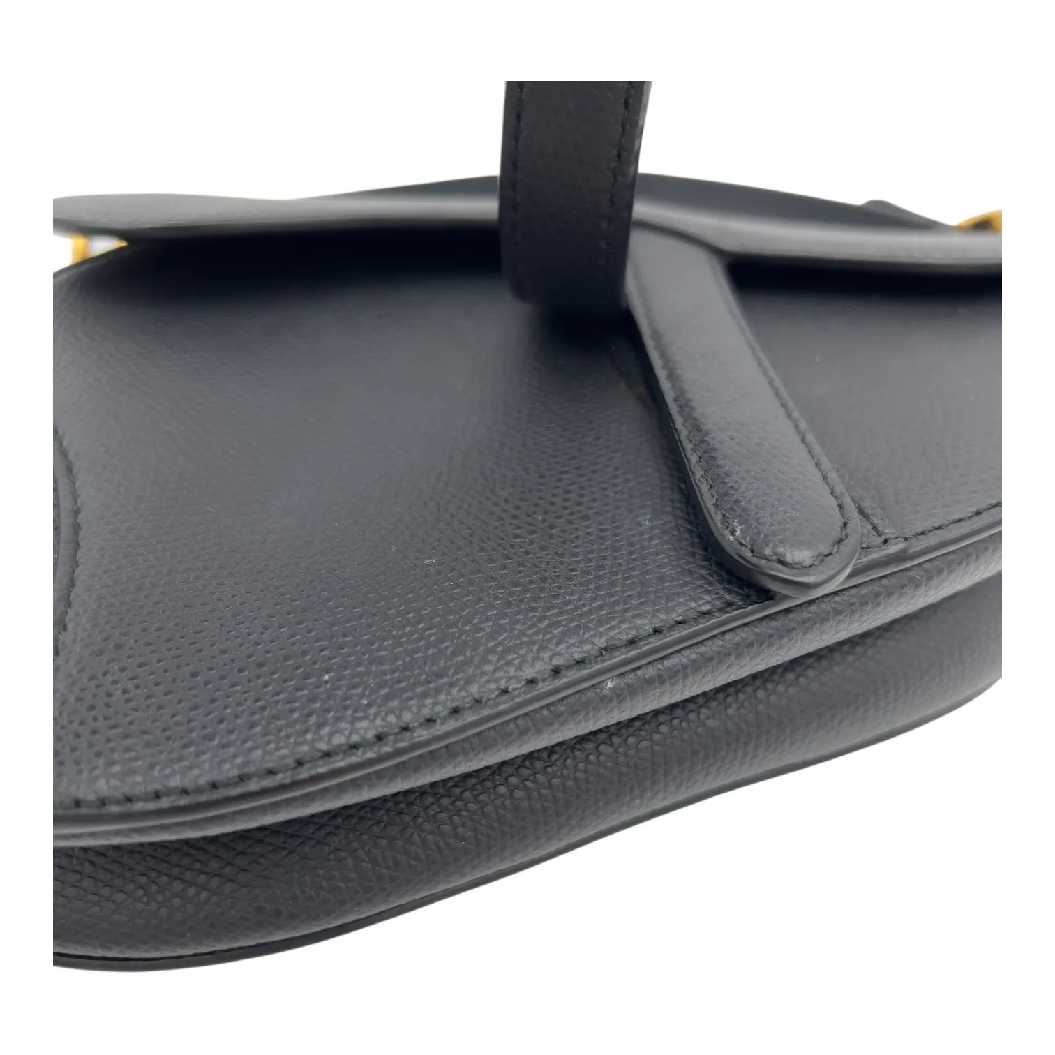 Saddle with Strap Mini Black Crossbody Bag in Calfskin, Brushed Gold hardware