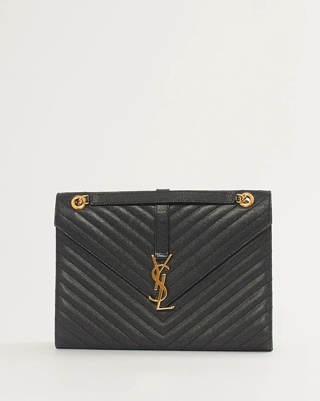 Saint Laurent Black Grained Leather Large Envelope Flap Bag