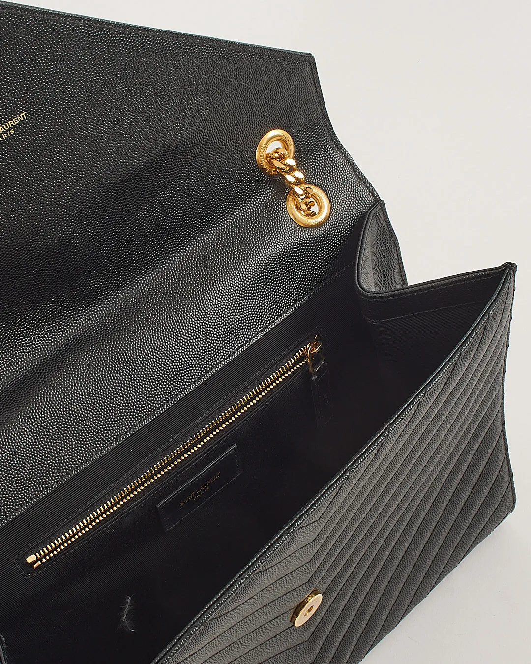 Saint Laurent Black Grained Leather Large Envelope Flap Bag