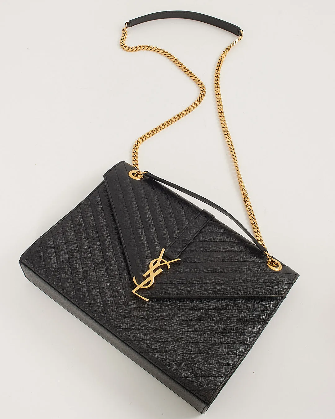 Saint Laurent Black Grained Leather Large Envelope Flap Bag
