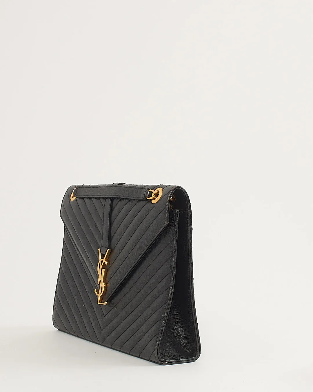 Saint Laurent Black Grained Leather Large Envelope Flap Bag